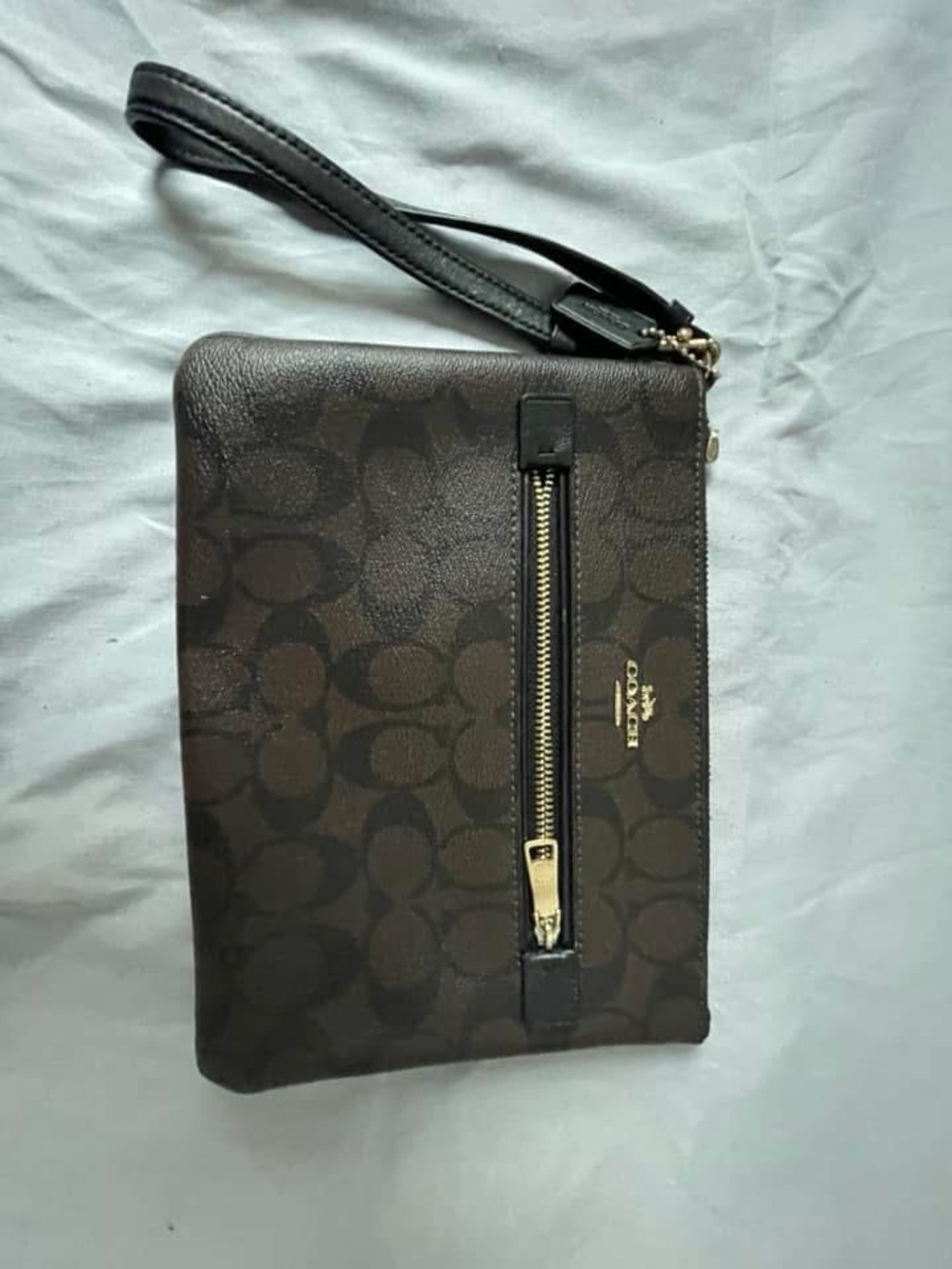 Coach Brown Signature Wristlet with Gold Zip Accent